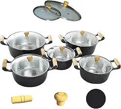 Kit 5 Peças Jogo de Panelas Preto Tampa Vidro Alumínio Fundido Batido Grosso