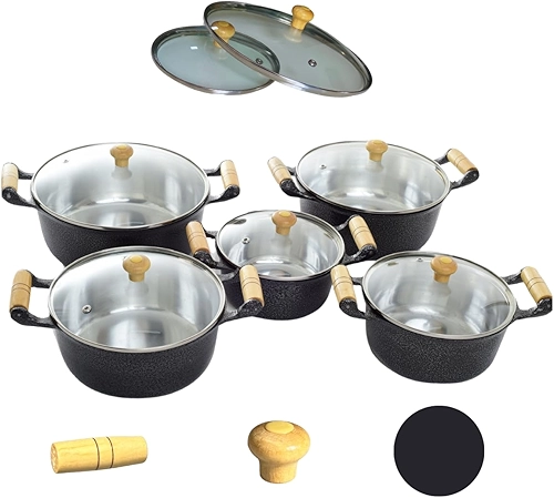 Kit 5 Peças Jogo de Panelas Preto Tampa Vidro Alumínio Fundido Batido Grosso