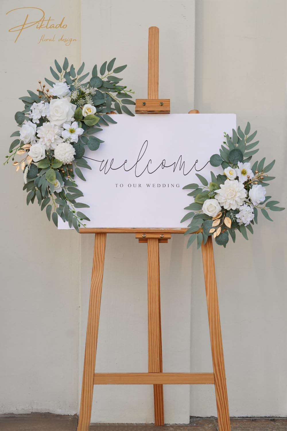Kunstblumen-Girlande, 2 Stück, für Hochzeit, Willkommensschilder, Blumengirlande, Hochzeitsempfang, Zeremonie, Schilder, Dekoration (A-Weiß)
