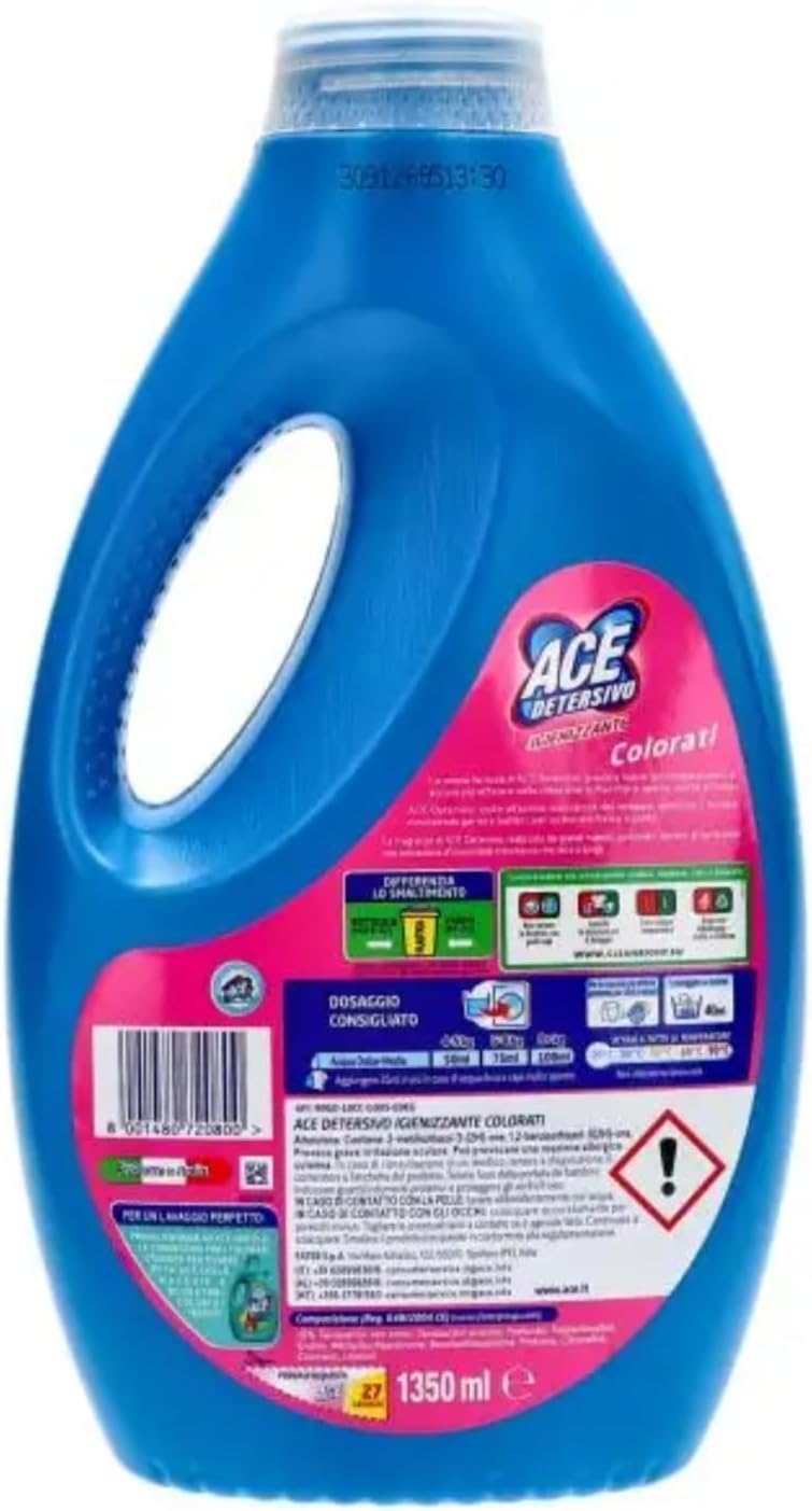 Italian Gourmet ACE Lot 6 x 1350 ml Lessive Liquide Hygiène Couleurs – 8,1 L Grand Format, Jusqu’à 162 Lavages (selon dosage), Efficace Même à Froid, Anti-Odeurs + Italian Gourmet Polpa