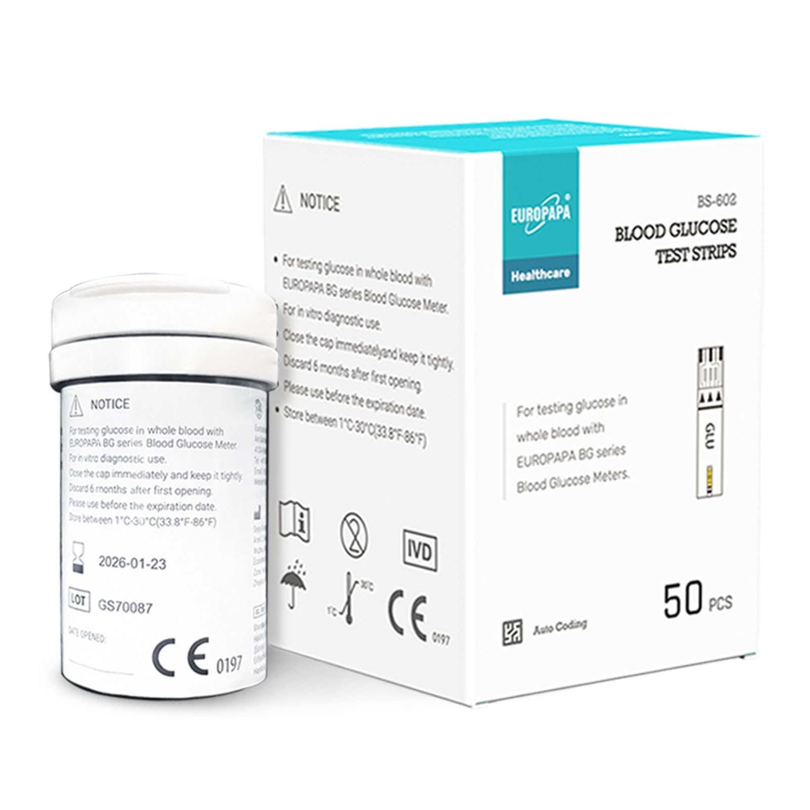 EUROPAPA® Blutzuckerteststreifen 100 STK. für Blutzucker-Wertes Kontrolle, Diabetiker-Teststreifen zur Diabetes- und Glukoseüberwachung, Teststreifen Anwendbar EUROPAPA BG-Serie Blutzuckermessgerät