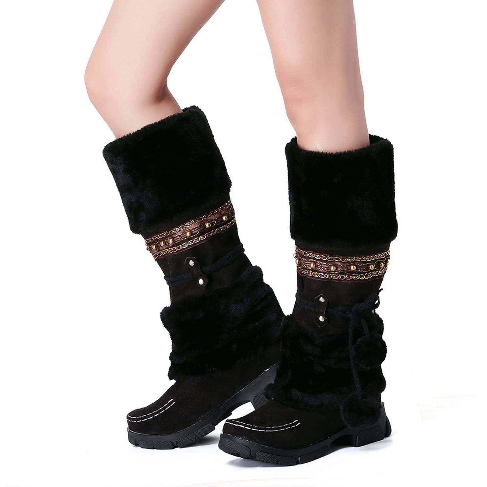 Stivali da Neve Donna con Tacco Caldi Stivaletti Slip-On Pelo Medio Rotondi Design Retro Antiscivolo Impermeabili Invernali