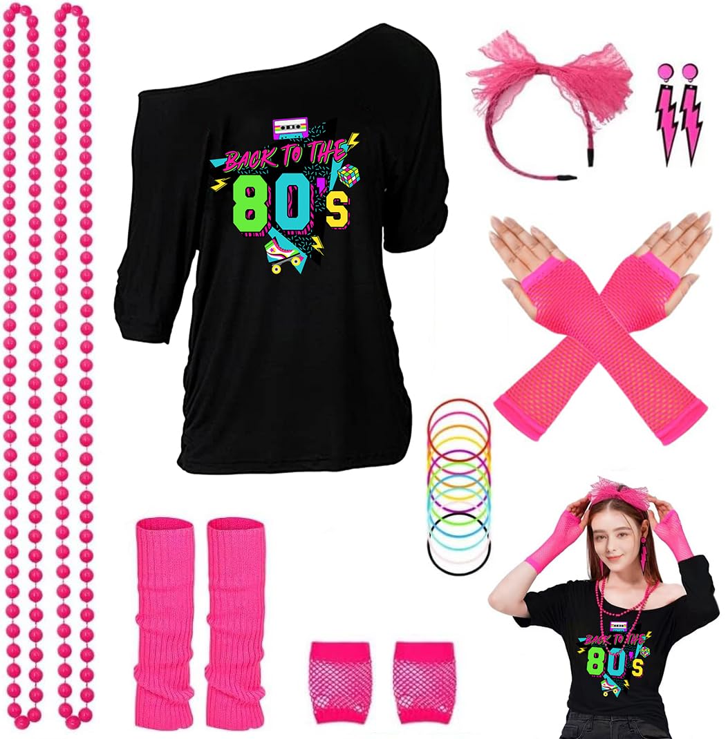 ELFIN 8 Pieces Women 80s Fancy Dress Off Shoulder Tops Lip Print 80s T-Shirt Warmers Fishnet Gloves Necklace Earring 1980s Costumes Outfit Accessories Retro Theme Party Cosplay