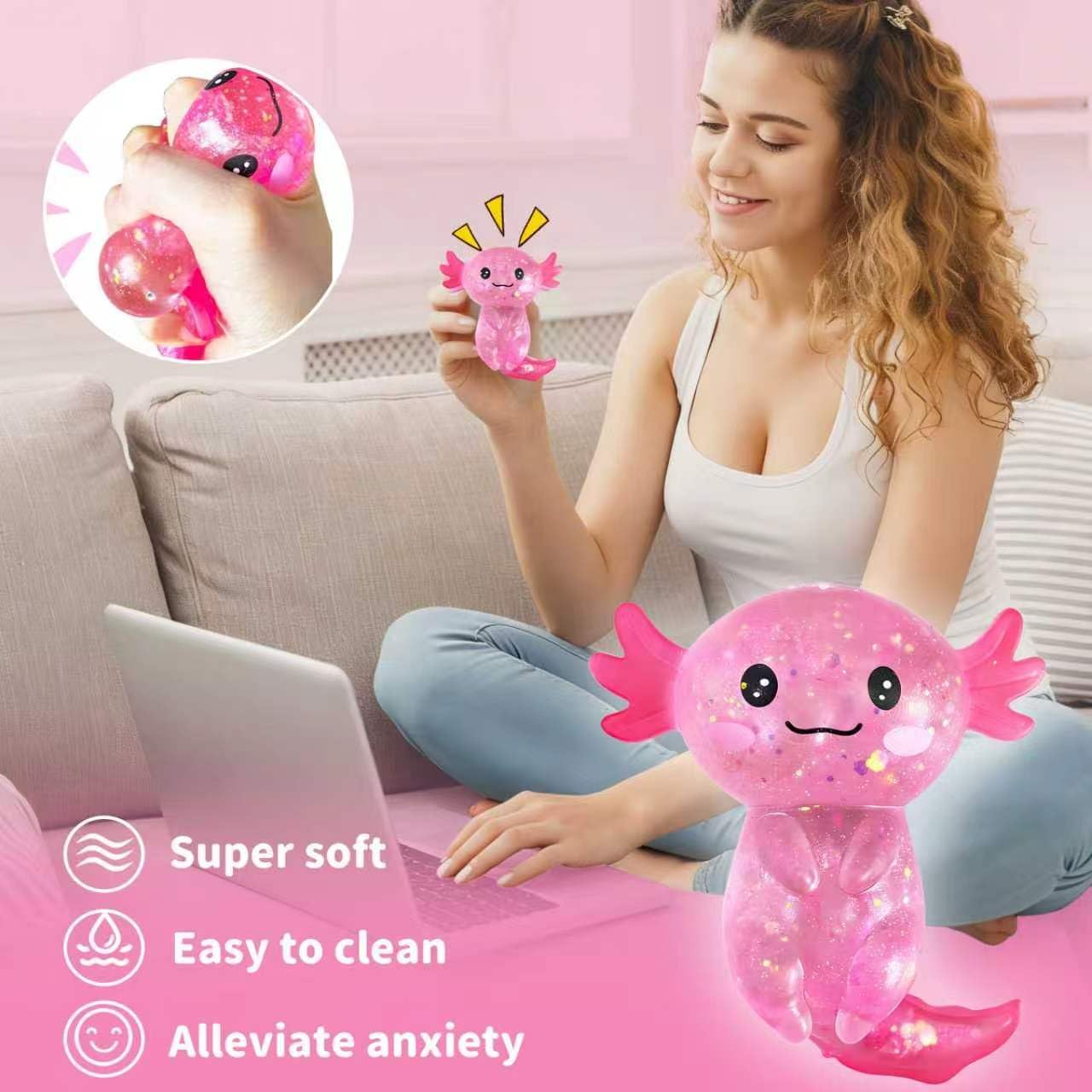Glitter Axolotls Squishies Toy, Stretchy Axolotls Stress Ball, Soft Squeeze Sensory Fidget Toys for Kids Adults, Cute Easter Basket Stuffers Party Favors Classroom Prizes （Pink）