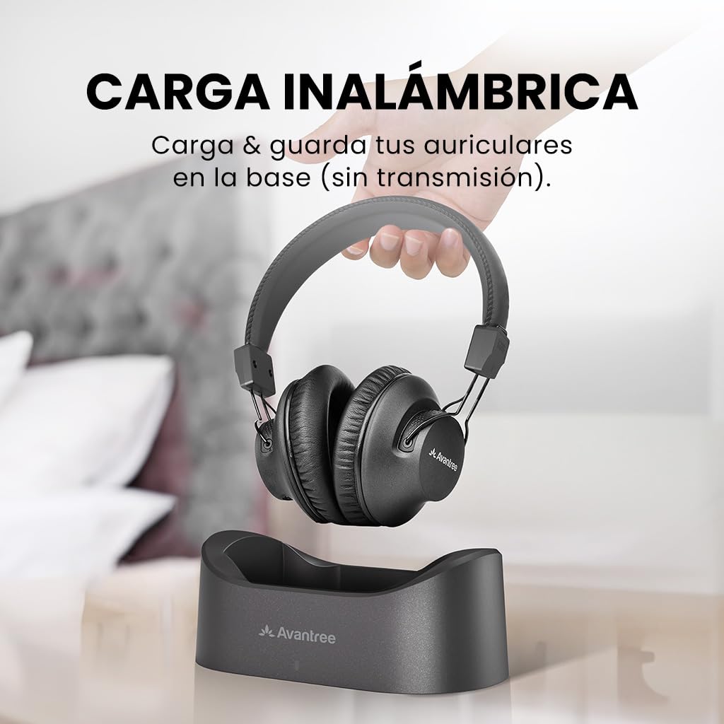 Avantree Audition 3 - Auriculares Bluetooth 5.3 Over-Ear con inalambricos Base Recargable, compatibles con Samsung Smart TV, Modo Voz Clara, Volúmenes Mejorados, aptX-Adaptive, Ligeros y cómodos