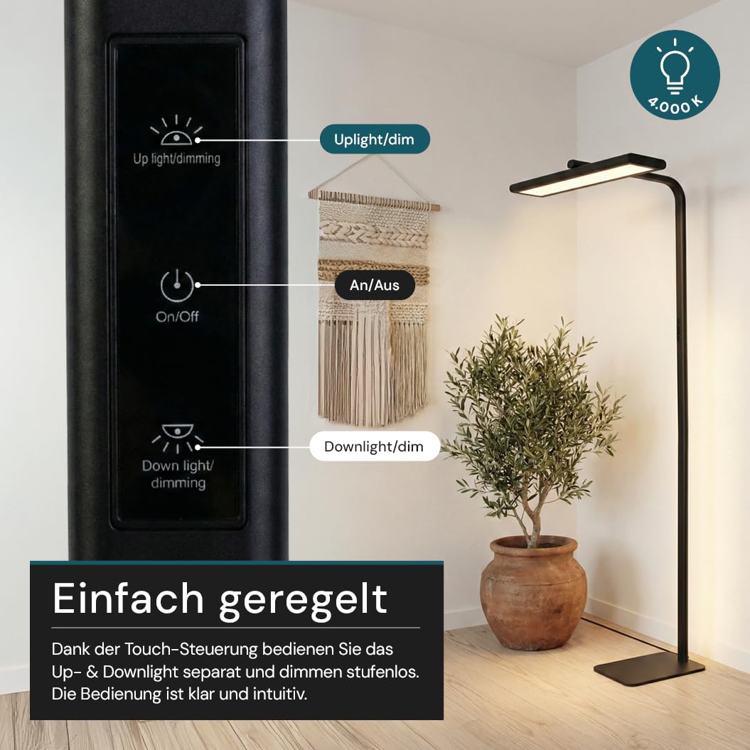LUXULA LED Büro-Stehleuchte dimmbar, 60 W 3500 lm, 4000K Neutralweiß, Up/Downlight, UGR<16, CRI98, Touchbedienung, blendfreies Licht, Monitor, Büro, Arbeitszimmer, Homeoffice, modernes Design, Schwarz