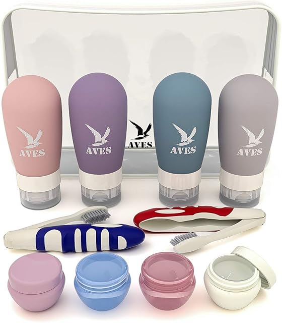 Travel Bottles for Toiletries with Travel Containers, Clear Zipper Bag and Folding Toothbrushes for Travel Toiletries, Shampoo, and Shower Gel | Ideal as a Gift Set | 11 Pcs