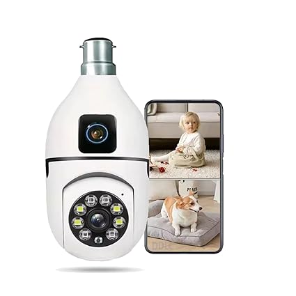 Cutech 5+5 MP WiFi Wireless Bulb Cam 2-in-1 Dual Lens Bulb Camera Live View, Bullet+PTZ Control, Two Way Audio, AI Human Detection for Indoor Camera
