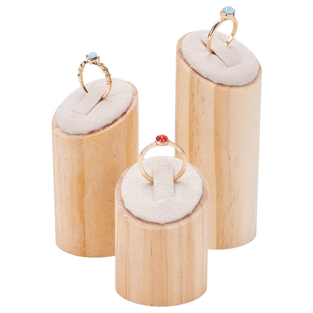 PLIGREAT 3 Pcs Wooden Ring Display Stand Solid Wood Jewelry Showcase Holder Elegant Ring Holder Stand for Exhibition Retail Showcase Jewelry Drawer Storage