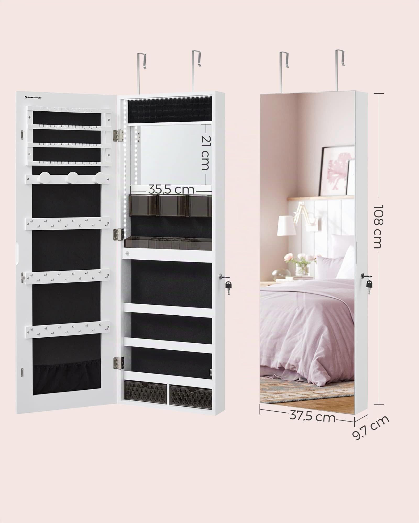 SONGMICS Armoire à Bijoux Murale, Organisateur avec Lumières LED, Placard de Rangement, avec Miroir sans Cadre, Miroir de Maquillage Intégré, 2 Tiroirs, Verrouillable, Blanc JJC013W01