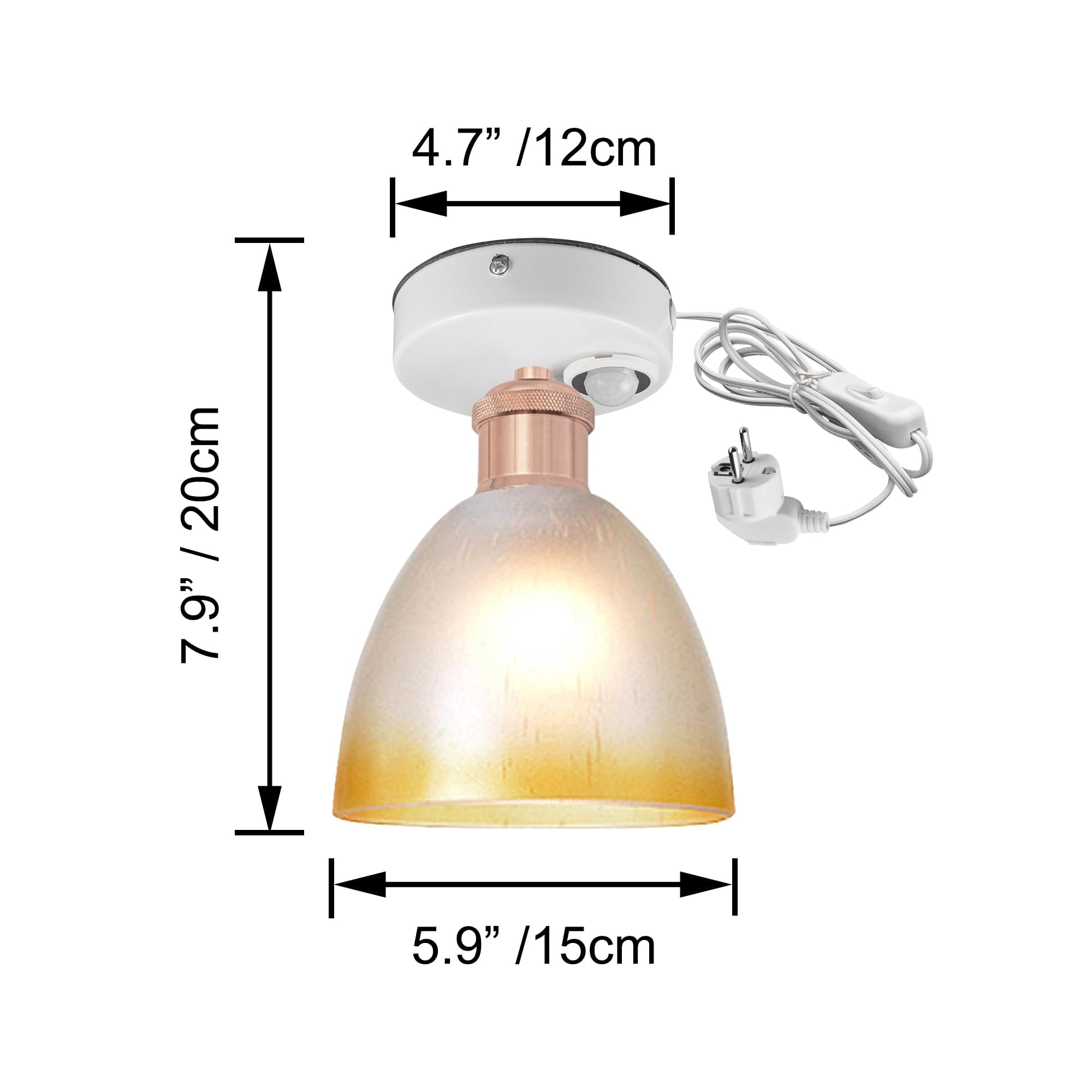 Plafoniera con sensore di movimento interno, moderna lampada da soffitto in vetro, sensore di movimento radar con cavo da 4,5 m e portalampada E27, per corridoio, bagno, scale, garage, rosso