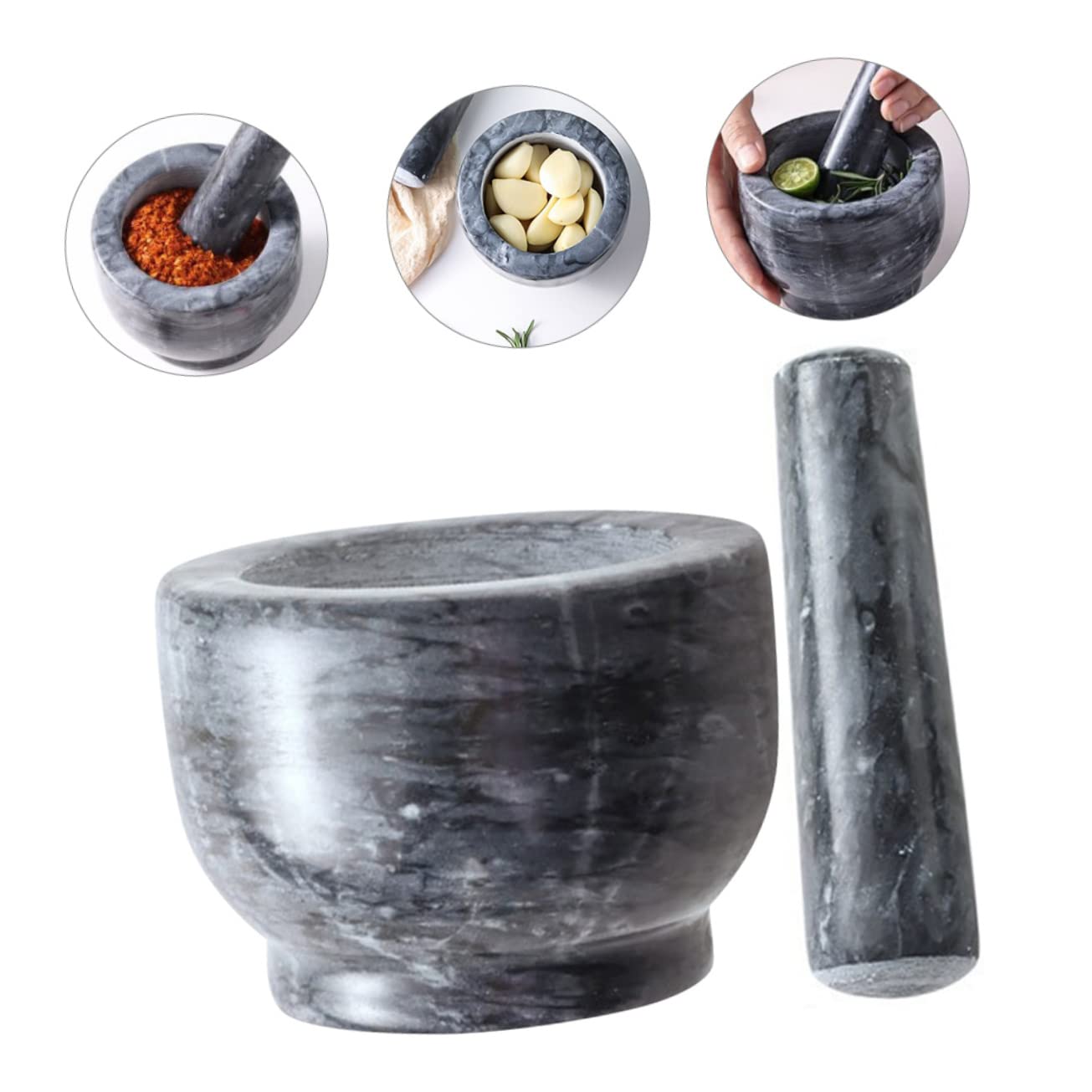 LABRIMP Set da Cucina Mortaio e Pestello in Marmo Nero, Design Ergonomico per Pestare, per Uso Domestico e Professionale, Accessori Piccoli e Funzionali