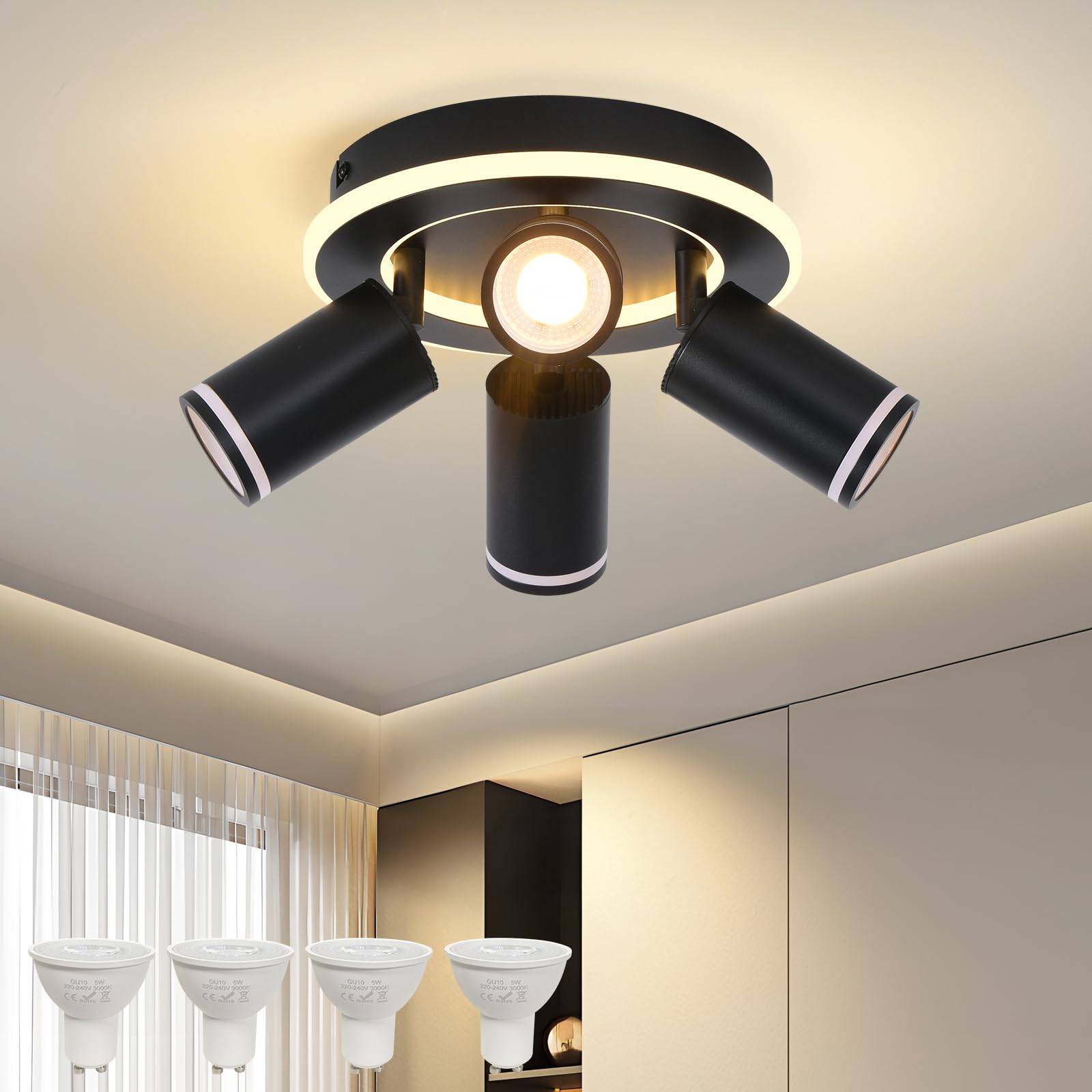 LED Deckenstrahler 4 Flammig Schwenkbar 350°, Deckenleuchte mit unteres Glühen 22W+4x5W GU10 Spots,3000K Warmweiß Deckenspot strahler,Modern Deckenlampe Lampe,Spotleuchte für Küche,Wohnzimmer schwarz