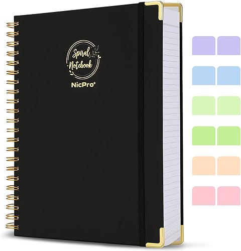 Nicpro Cuaderno de espiral de 8.5 x 11 pulgadas, cuaderno A4 grande de tapa dura negra para mujeres y hombres, papel de 300 páginas de 3.53 ozm,