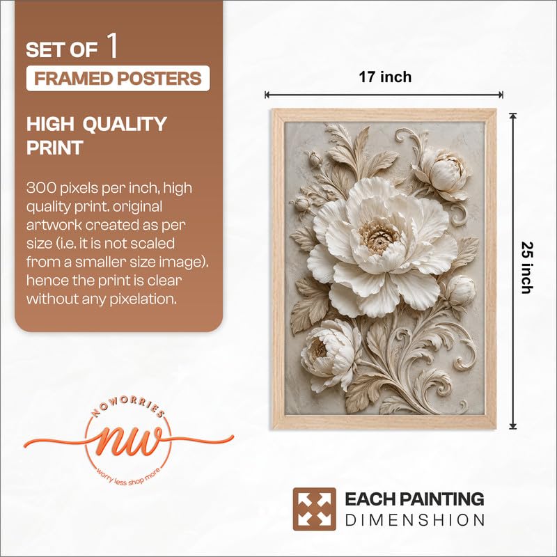Image of NoWorries Floral Botanical Wall Painting with Frame | Premium Textured Flower & Leaf Artwork, Pastel Nature Wall Decor Framed for Living Room Bedroom Office and Home Decoration (Art-6,17x25inch)
