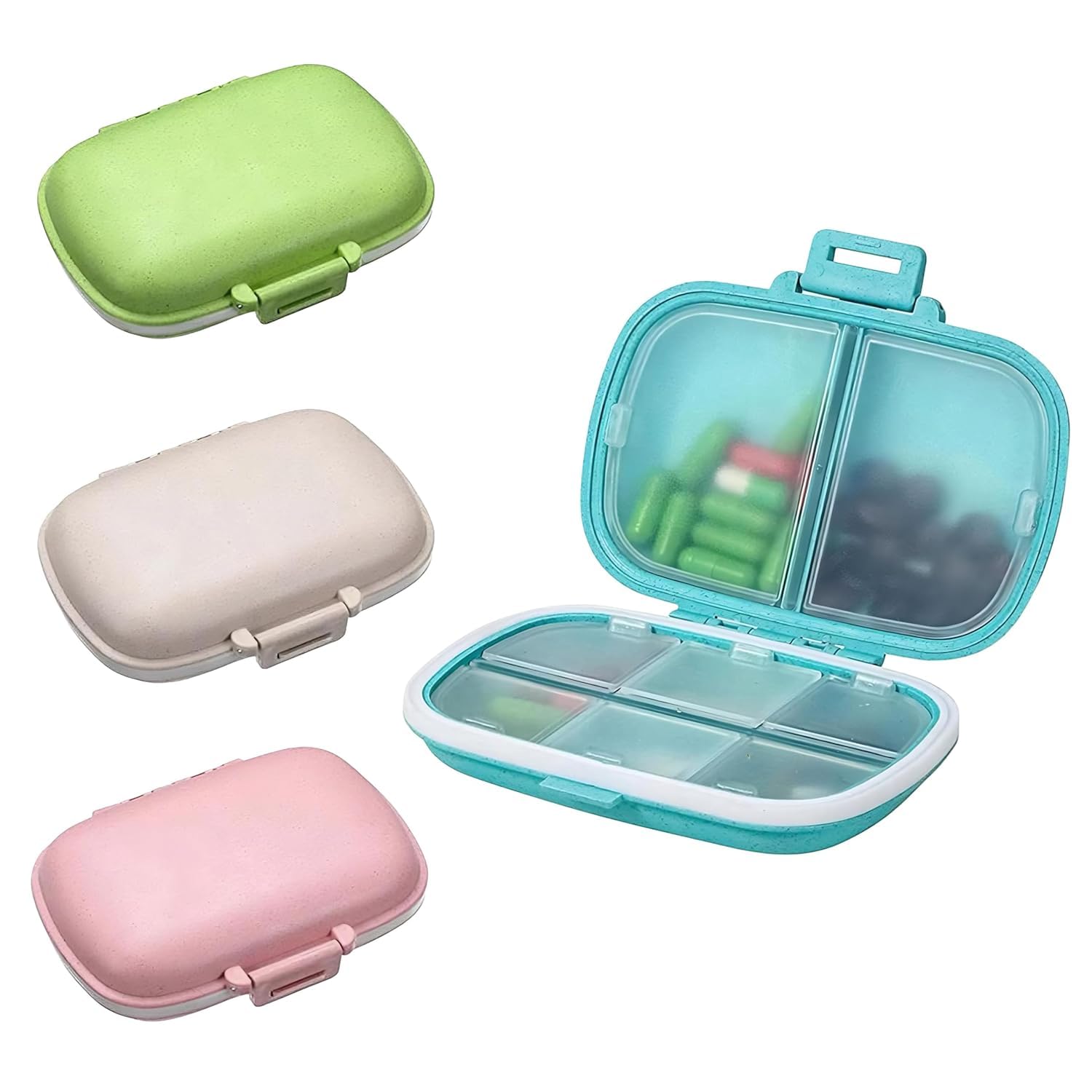 8 Compartments Pill Medicine Organizer Storage Box -Moisture Proof, Made of Food Grade Cereal Fiber, BPA free Wheat Straw Material, Ideal for Travel, Pocket, Purse, Daily Pill Case, Portable Medicine Vitamin Holder Container - 1 Pc Multiple Colours-image-44
