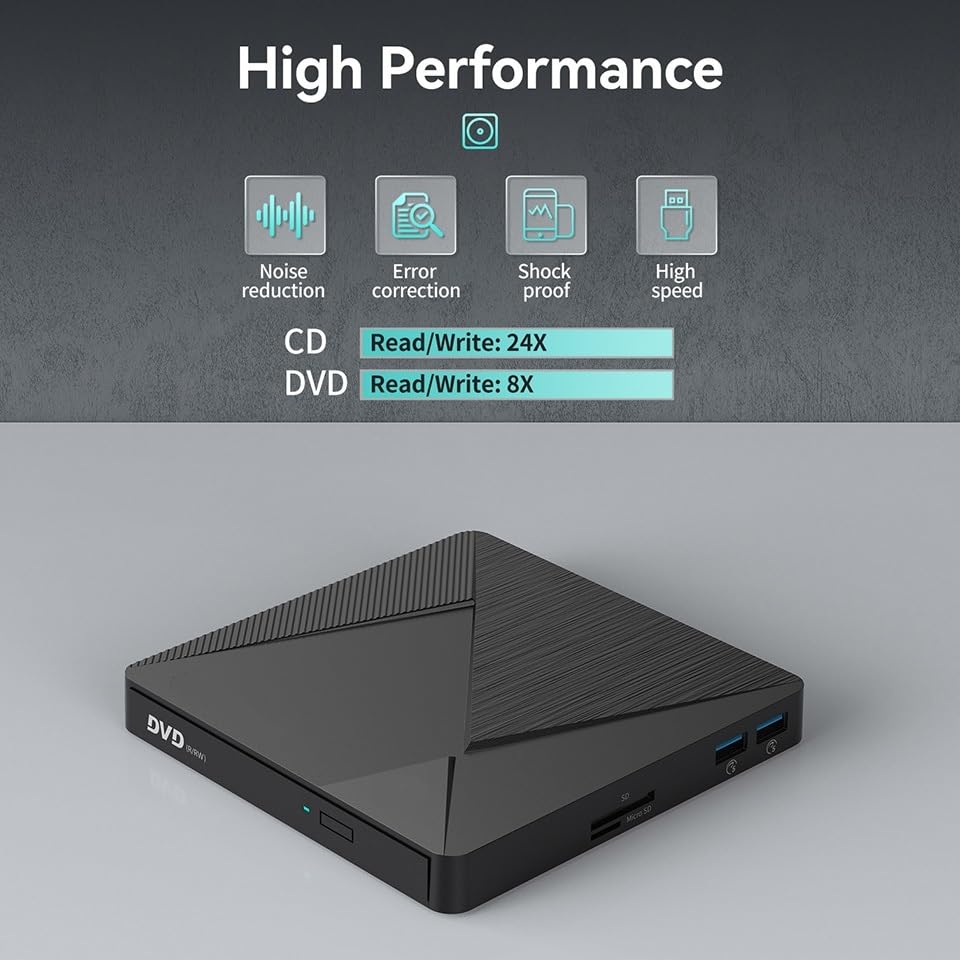 KONGMM Reproductor de DVD USB 3.0 portátil 5" CD R/RW DVD Lector de Disco Quemador Reproductor Grabador Externo