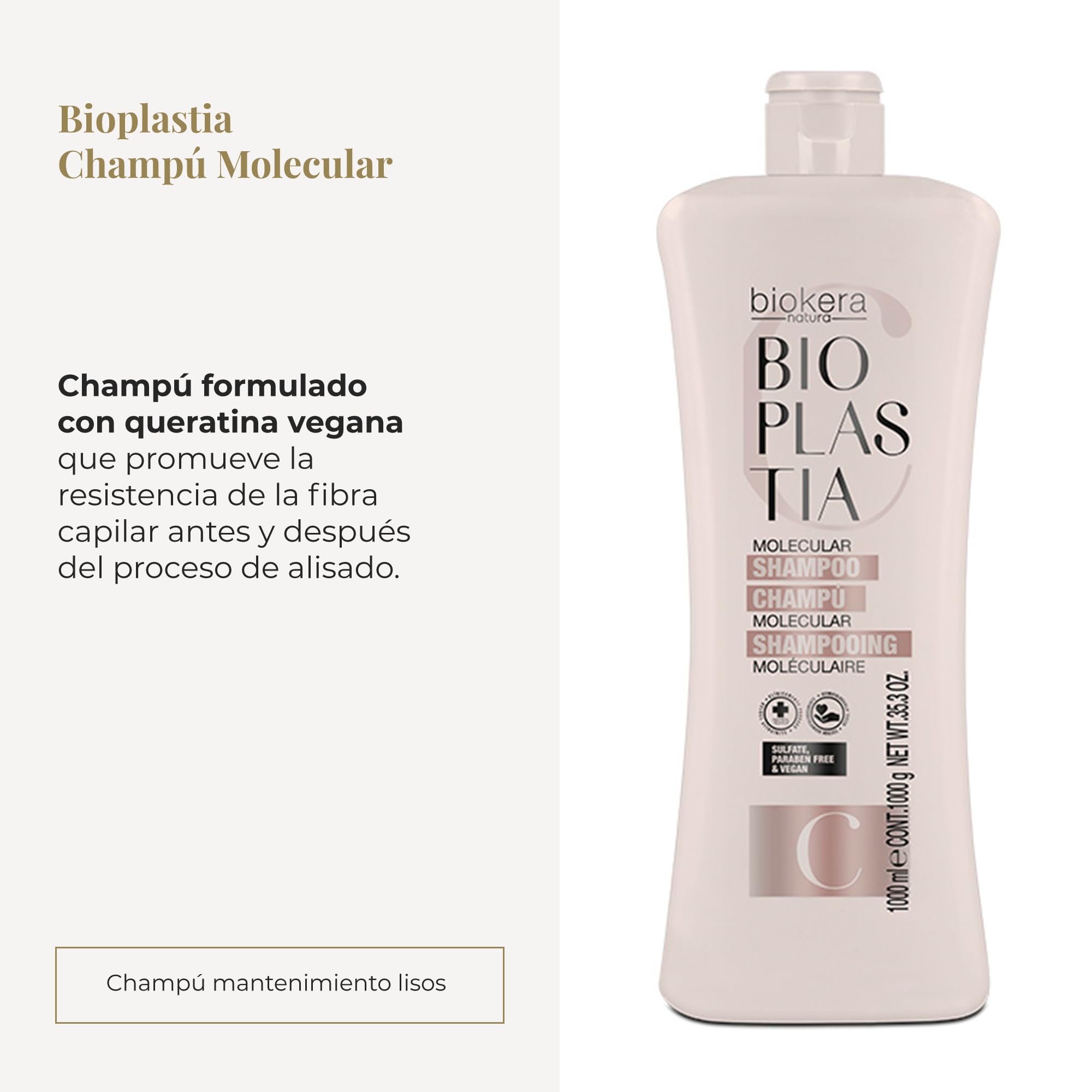 SALERM - Champú Molecular - Biokera Bioplastia - 1000 ml - Champú sin Sulfatos ni Parabenos - Queratina Vegana - Revitaliza Fibra Capilar y Equilibra el Ph Tras Alisado - Cabello sin Encrespamiento