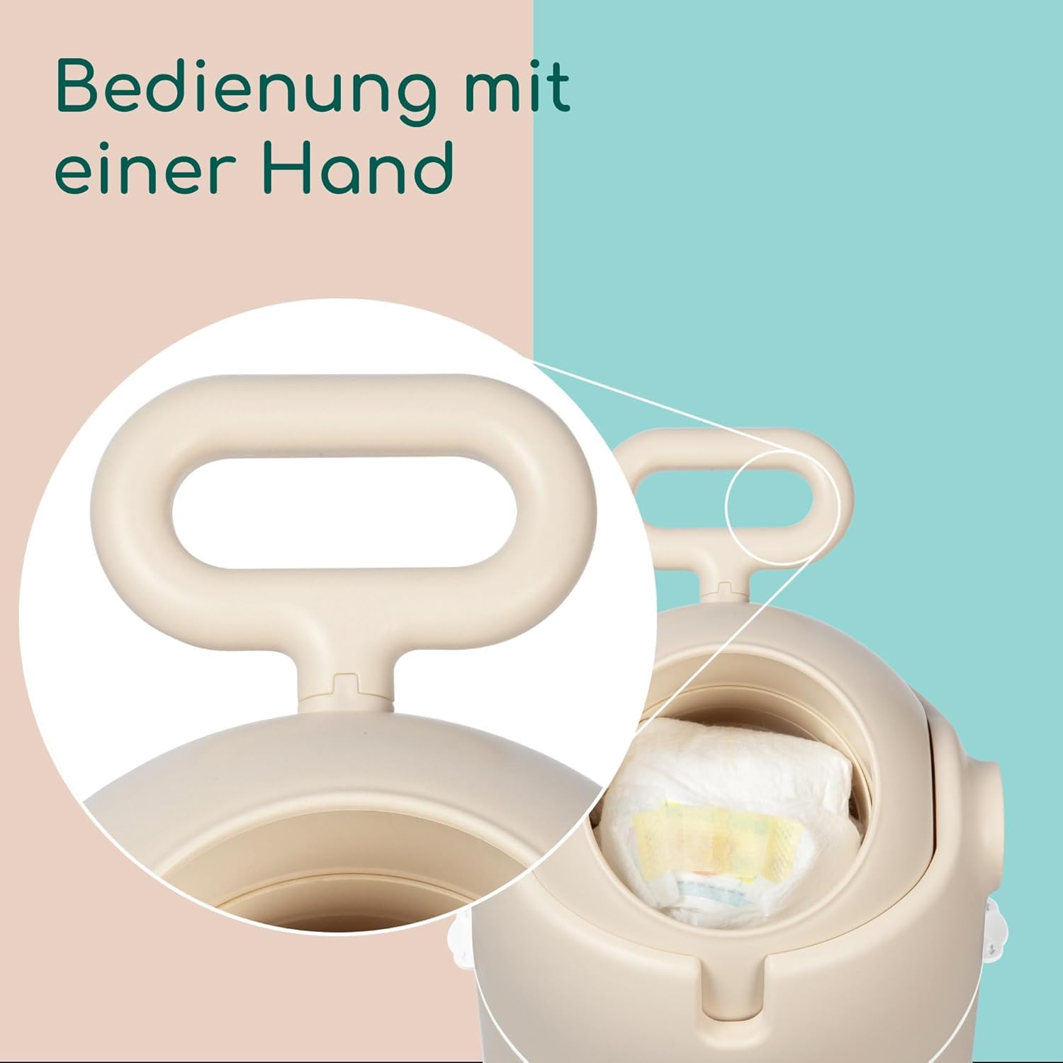 Bebeconfort geruchsdichter Windeleimer Größe M, Windeleimer, Deckel geruchsdicht, für alle Müllbeutel, für bis zu 20 Windeln, Bedienung mit einer Hand, praktische Größe, leicht zu reinigen, Sand