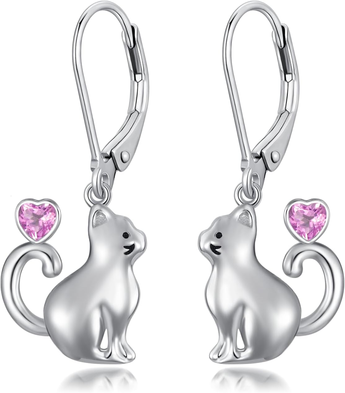 LONAGO Cat Earrings for Women 925 Sterling Silver Cute Cat with Red Heart Dangle Earrings