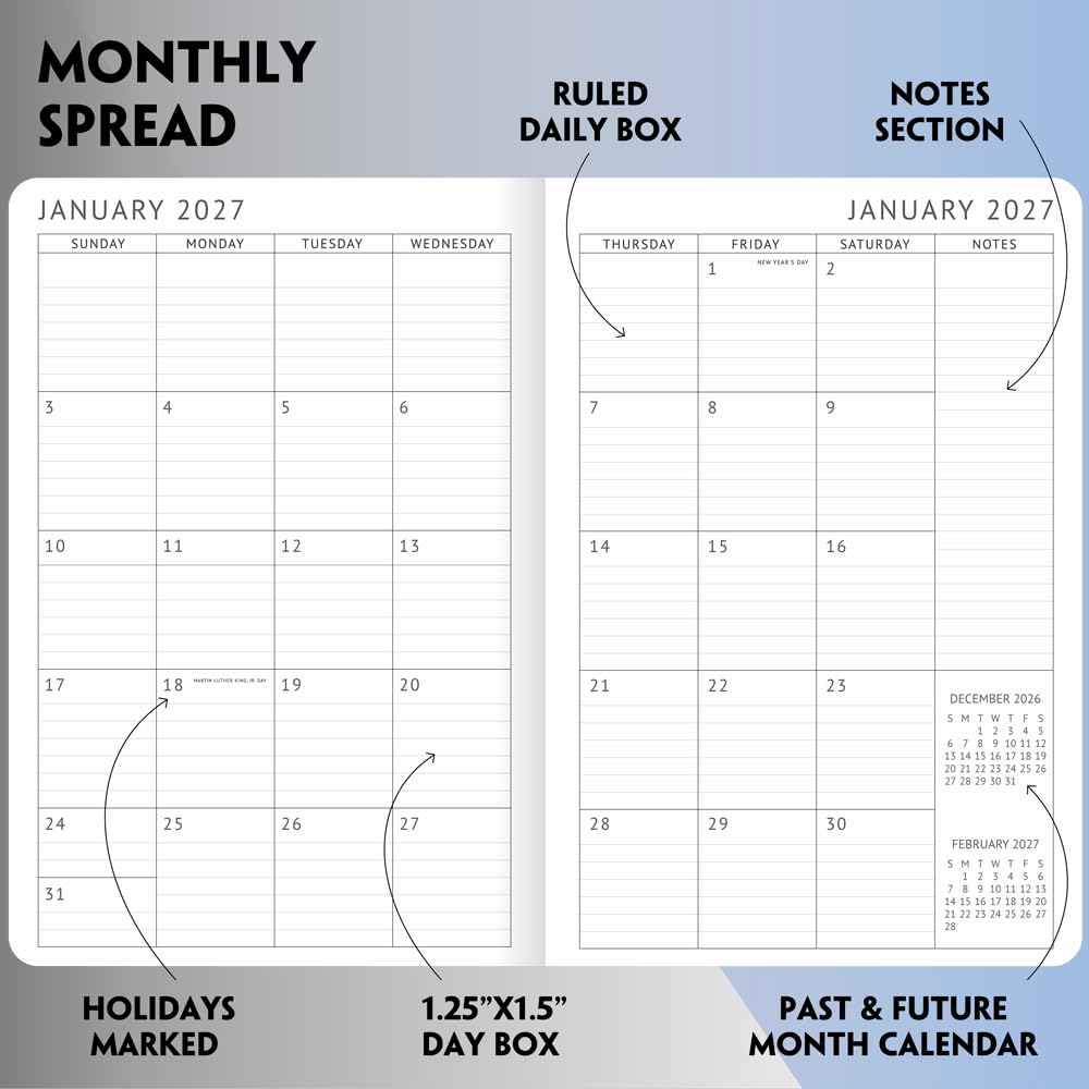 Agenda giornaliera 2027 con pagine mensili, calendario giornaliero e cose da fare, 14,2 x 21 cm, rosa