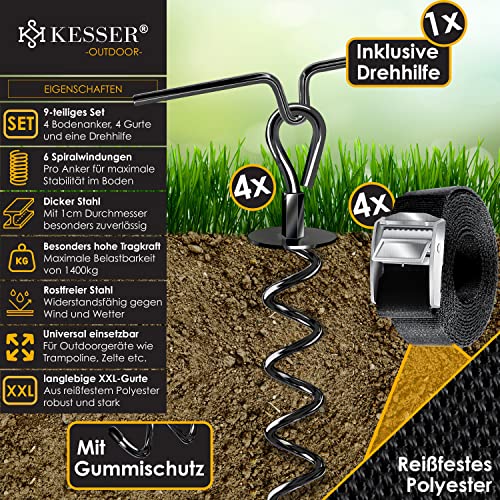 KESSER® 4 Bodenanker Erdanker 9-teiliges Set Befestigung für Trampolin, Schaukel, Pavillon, Partyzelt, Gartenhaus, Schaukel, Zelt, aus 1cm Ø Edelstahl Zum Eindrehen, + 4 Gurte + Drehhilfe