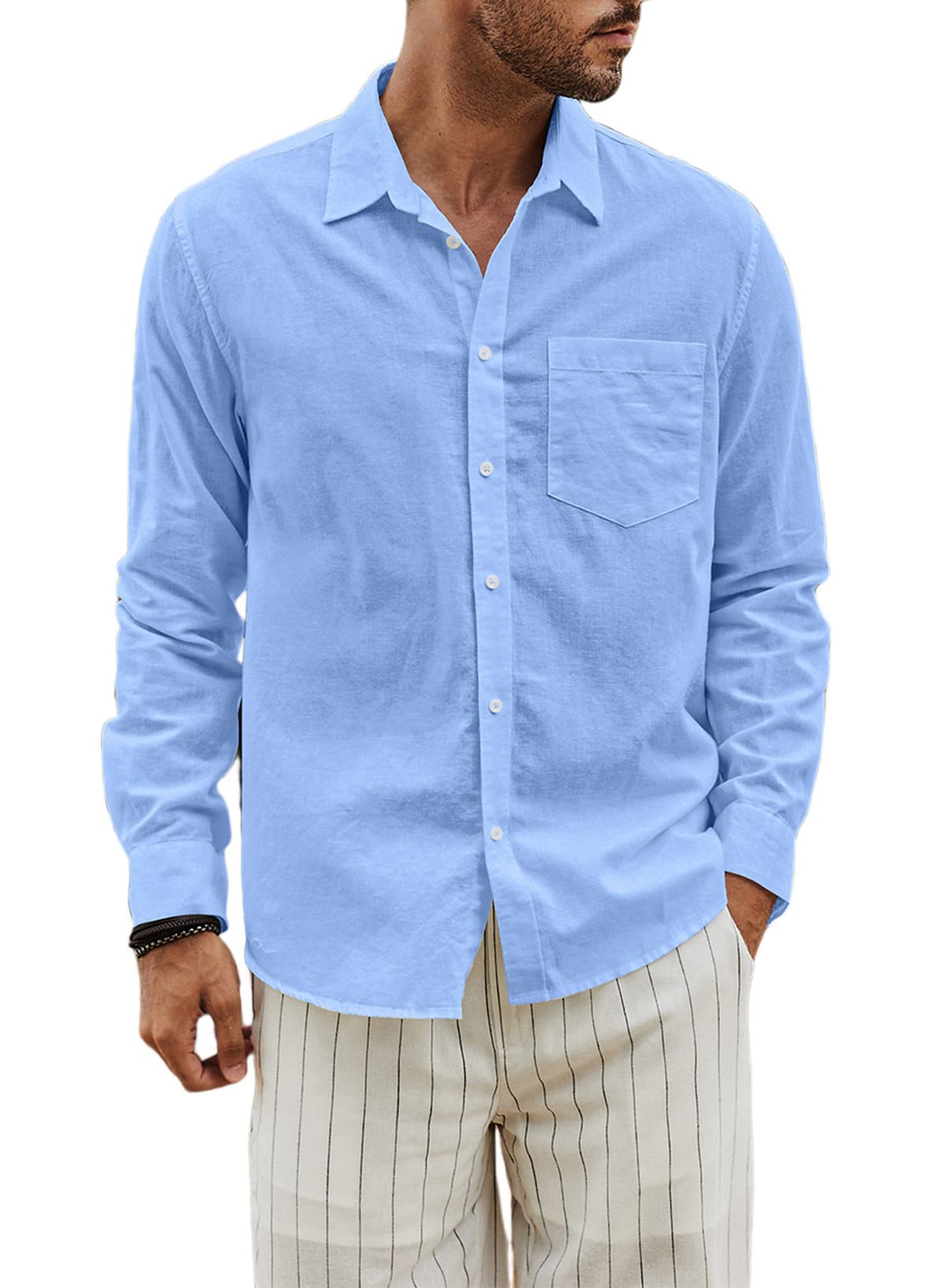 JMIERR Camisas de Lino Casual para Hombre de Manga Larga de Colores Puros básica de Ajuste Regular con Botones de Verano