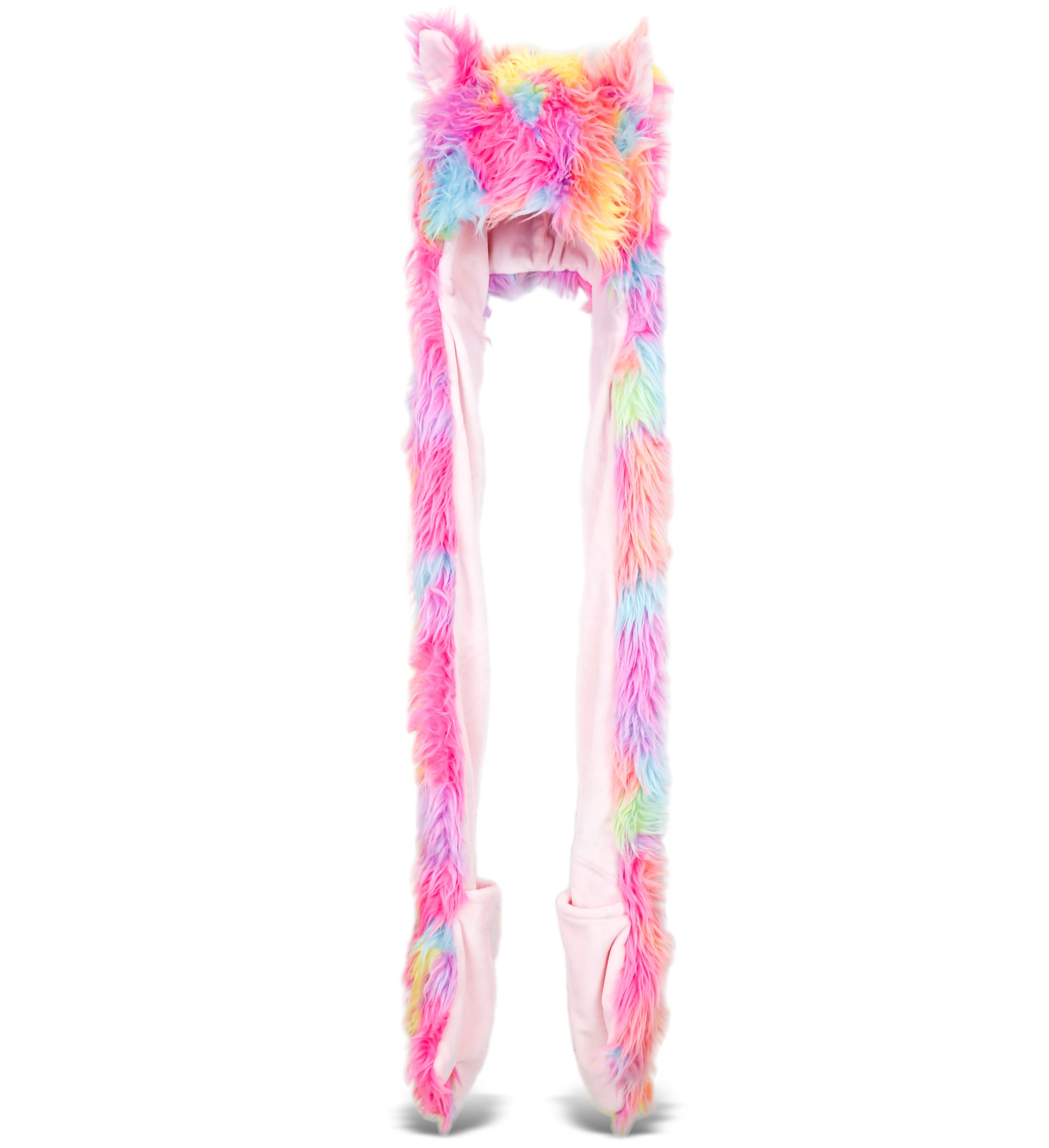 DolliBu Rainbow Plush Hat - Super Soft Warm Winter Hat with Ear Flaps, Funny Party Costume, Stuffed Beanie for Kids & Teens - One Size