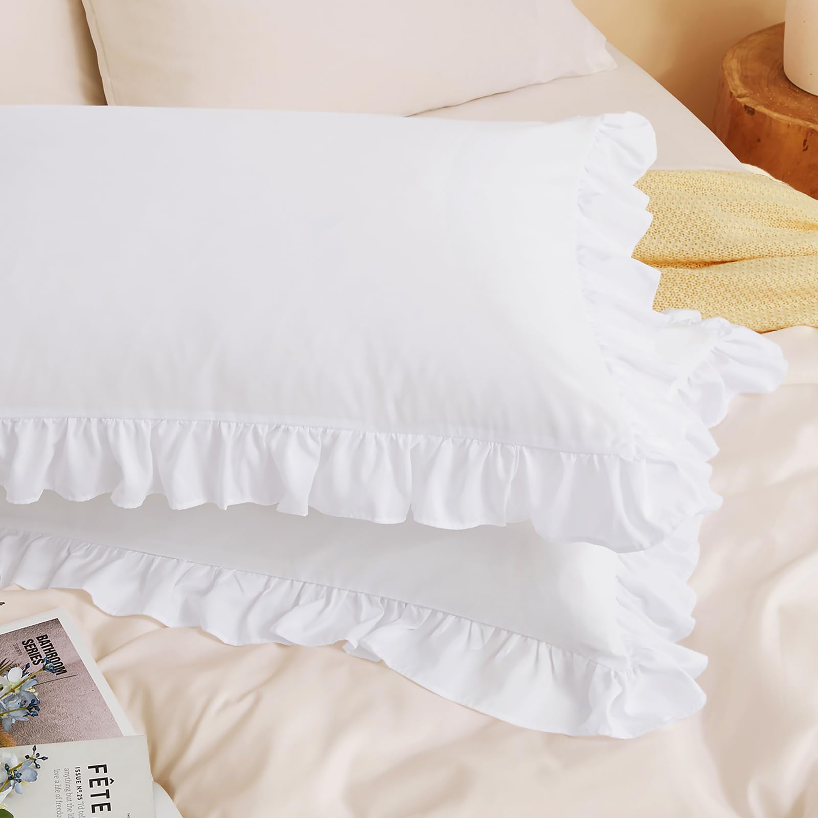 Horbaunal 2 Pack White Ruffle Pillowcases King Size, 20" x 36" Ruffle Pillow Covers Ultra Soft Microfiber Ruffled Fringe Pillow Shams, Shabby Chic Pillow Cases — image 1