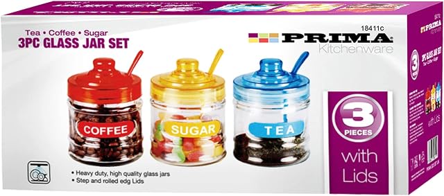 3x PRIMA MINI GLASS JAR SET | Tea | Coffee | Sugar | Home Kitchen Canister Storage RETRO Containers Set Coloured Lids & Matching Spoons Dining Food Organiser GIFTS UK FREE P&P