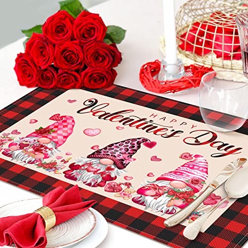 Valentine's Day Placemats Set Of 6, Happy Valentine's Day Gnome Table Mats Kitchen Mat For Dining Table, Washable Linen Heart Gnome Dining Place Mat Table Decoration For Holiday Decor, 12 X 18Inch #TOP5