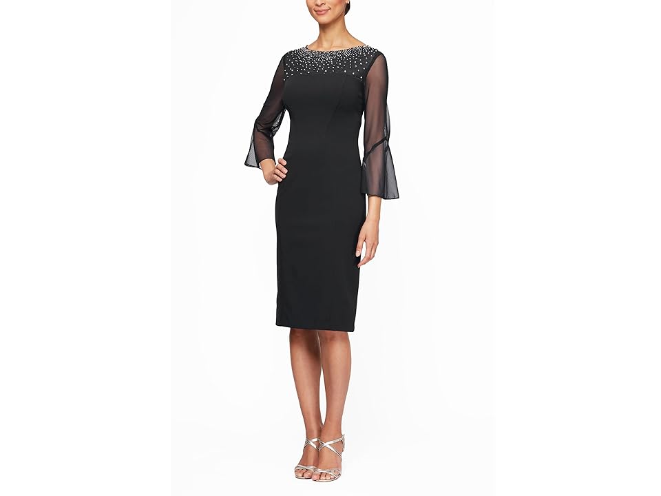 Alex Evenings Short Sheath Dress with Embellished Illusion Neckline (Black) Women's Dress INTERNATIONAL SHIPPING