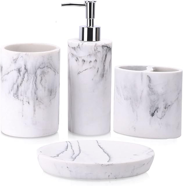 ZCCZ Bathroom Accessory Set 4 Pcs, Bathroom Décor Accessories with Soap Dispenser, Toothbrush Holder, Bathroom Tumbler, Soap Dish, Marble Look Bathroom Vanity Countertop Accessory Set White