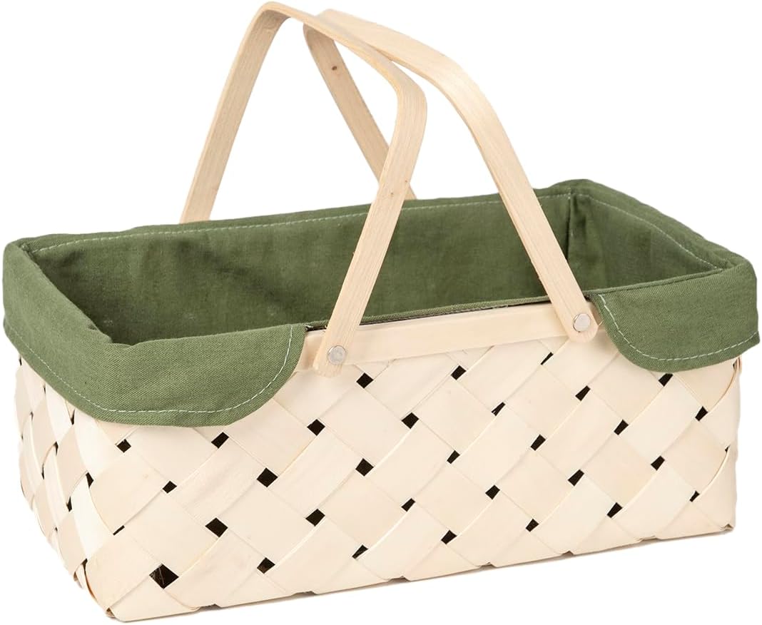 Picnic Basket with Handle，Natural Woodchip Basket with Washable Lining for Camping（14X7.5X5.5inches） (Green)