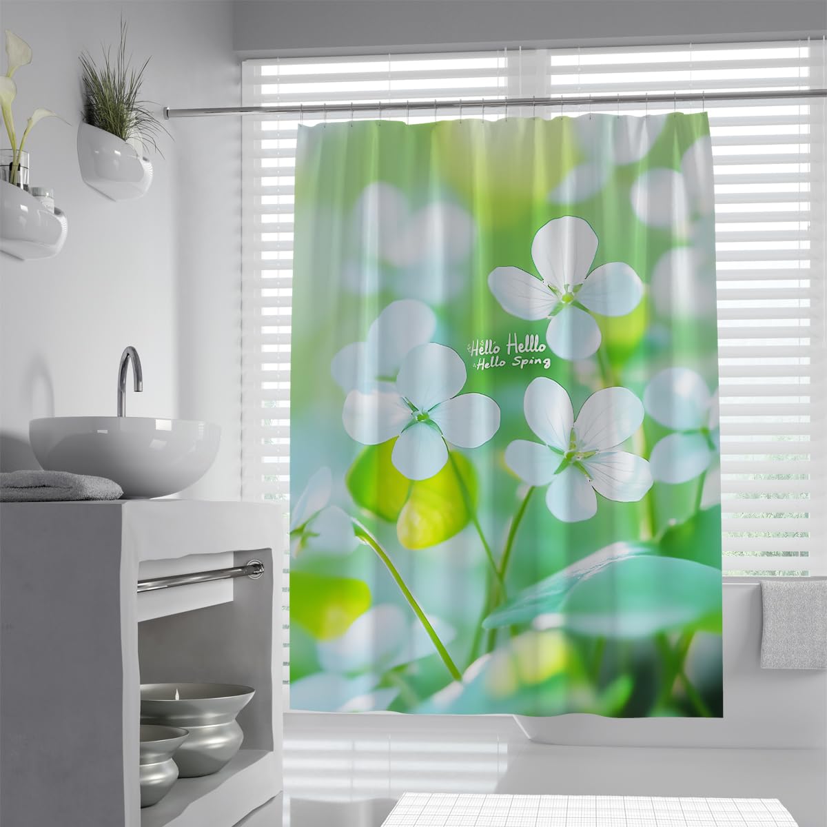UERWOWELL Boho Spring Shower Curtain Watercolor White Flowers on Green Nature Background Bath Curtain for Romantic Bathroom Decor Waterproof Fabric W200xL200 cm