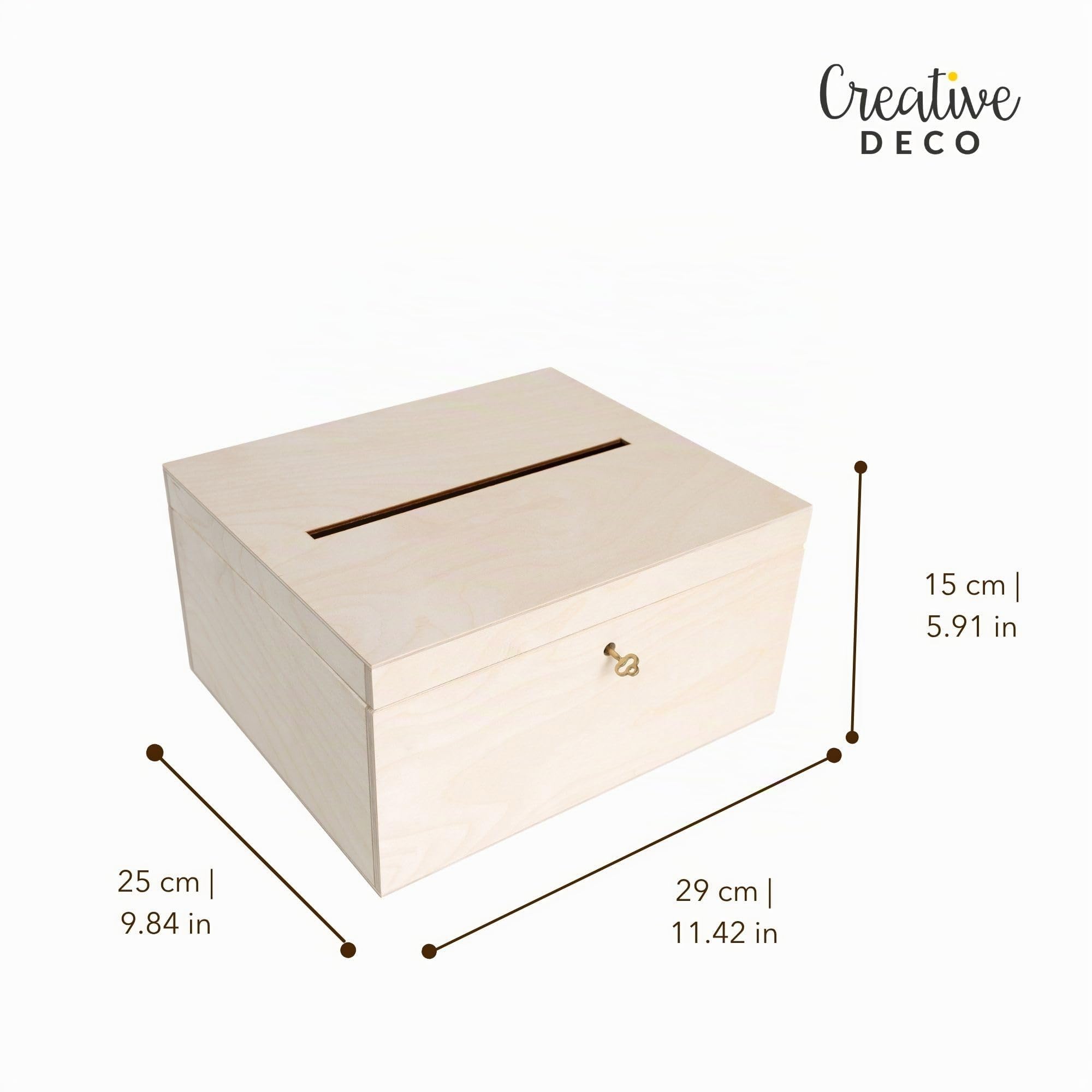 Creative DECO Tarjetas de Boda Caja Madera | Cerradura y Llave | 29 x 25 x 15 cm | Cofre para Decorar con Tapa | Decoración Almacenaje Herramientas Decoupage Documentos Objetos de Valor Juguetes