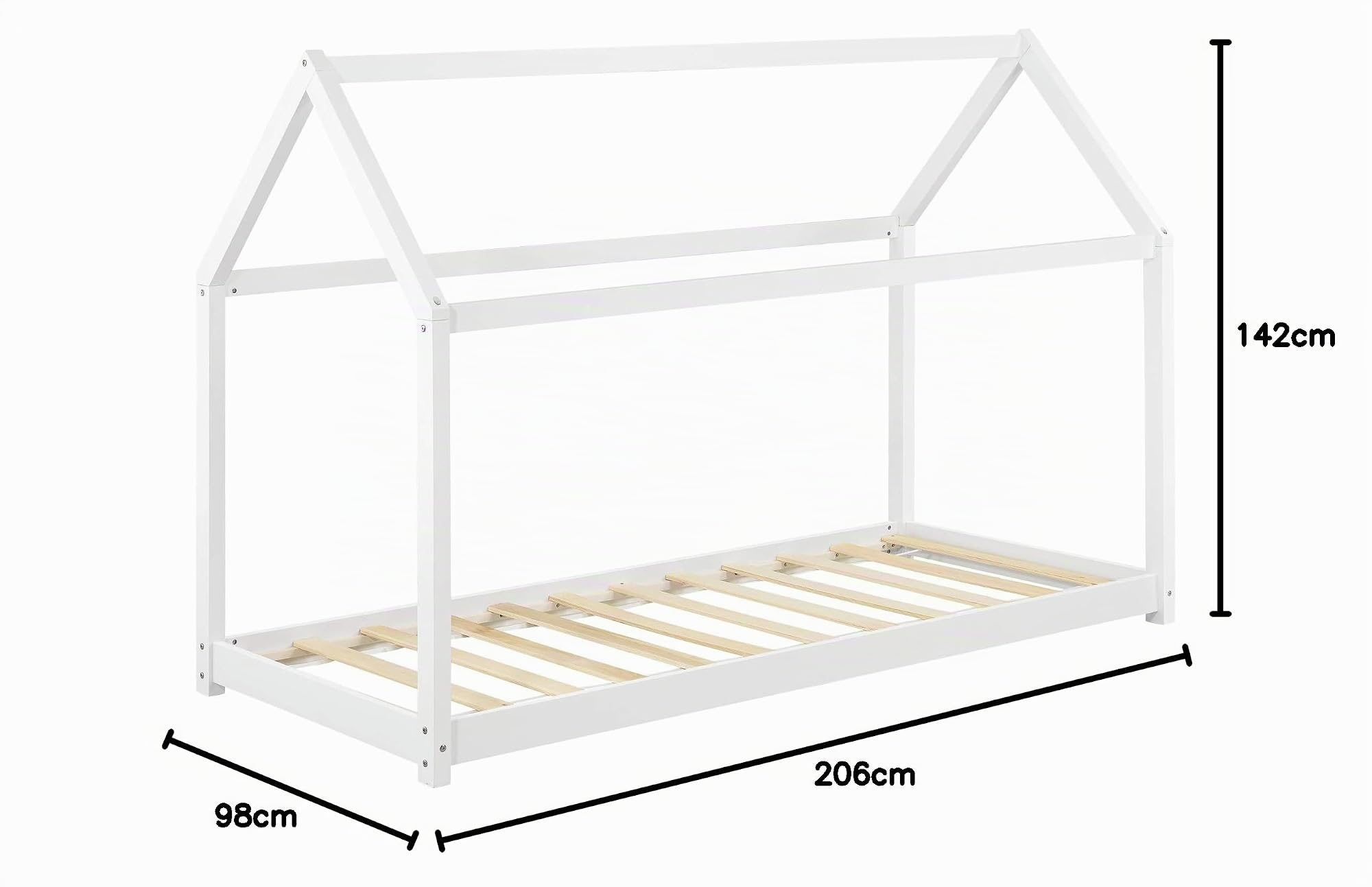 [en.casa] Kinderbett Netstal Hausbett Bodenbett aus Kiefernholz für Kinderzimmer mit Lattenrost ohne Matratze 90 x 200 cm Weiß