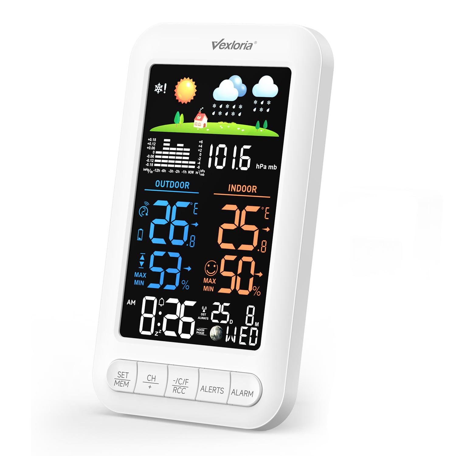 Vexloria Funk-Wetterstation Mit AußEnsensor, Digitale Dcf-Funkuhr, Raumthermometer, Raumhygrometer Mit Temperaturanzeige, Wettervorhersage, Zeitanzeige, Alarm, Upgrade-Version Weiß
