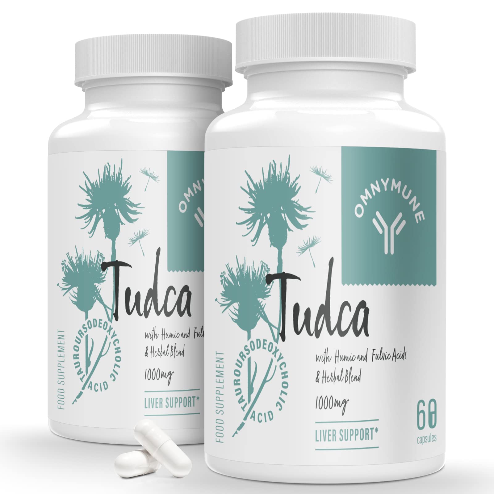 TUDCA Liver Supplements 1000 mg Per Serving (120 Capsules, 2 Pack), Tauroursodeoxycholic Acid with Humic and Fulvic, Herbal Blend, for Detox Cleanse, Digestive Health