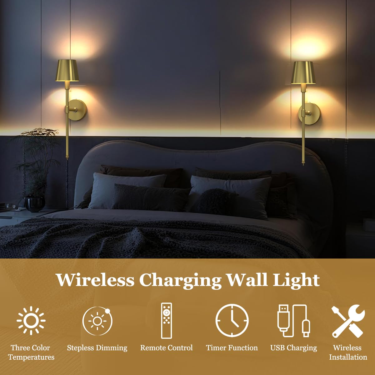LEMIKKLE Wireless Wall Sconces Set of 2, Rechargeable Wall Lights with Dimmable 3 Colors, 5000mAH, Can Last 24H - Image 2