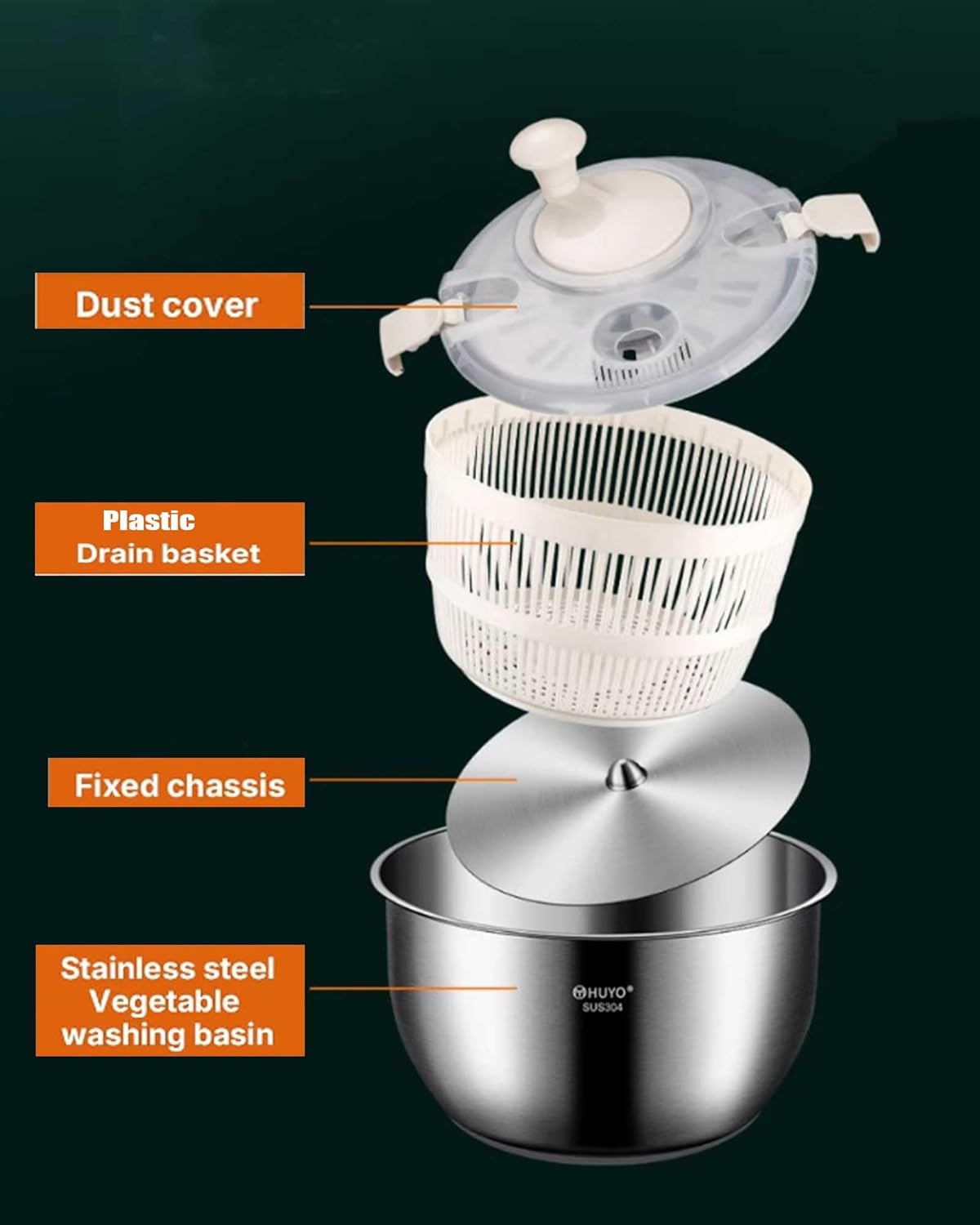 5.3QT Stainless Steel Salad Spinner - Large Capacity Vegetable & Fruit Washer Cleaner, Salad Dryer with Quick Spin & Drain Outlet, Multi-Use Colander