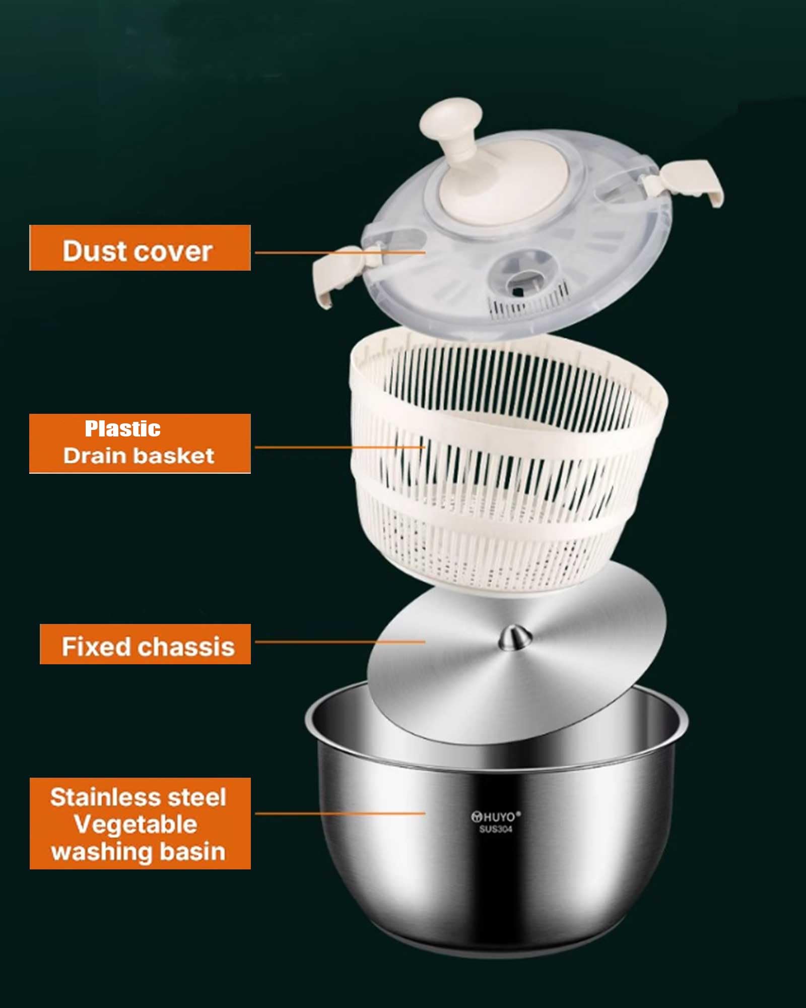 Centrifuga per insalata in acciaio inox da 5,3 qt, grande capacità, detergente per frutta e verdura, asciuga insalata con uscita rapida per centrifuga e scarico, colino multiuso