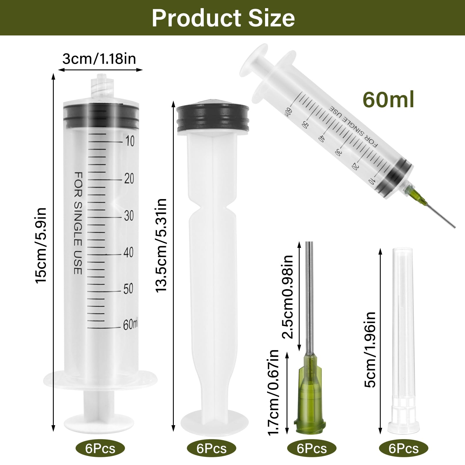 Strzykawka z tworzywa sztucznego, 60 ml, 6 sztuk strzykawek z igłą, strzykawka wielokrotnego użytku, strzykawka z 6 nakładkami na igły, strzykawki do laboratoriów naukowych i przemysłu