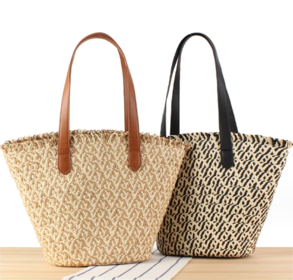 Bolso de Paja Los Bolsos Grandes De La Paja para Las Mujeres Hacen Punto El Bolso Playa Bolsa Asas Mujer(Black)