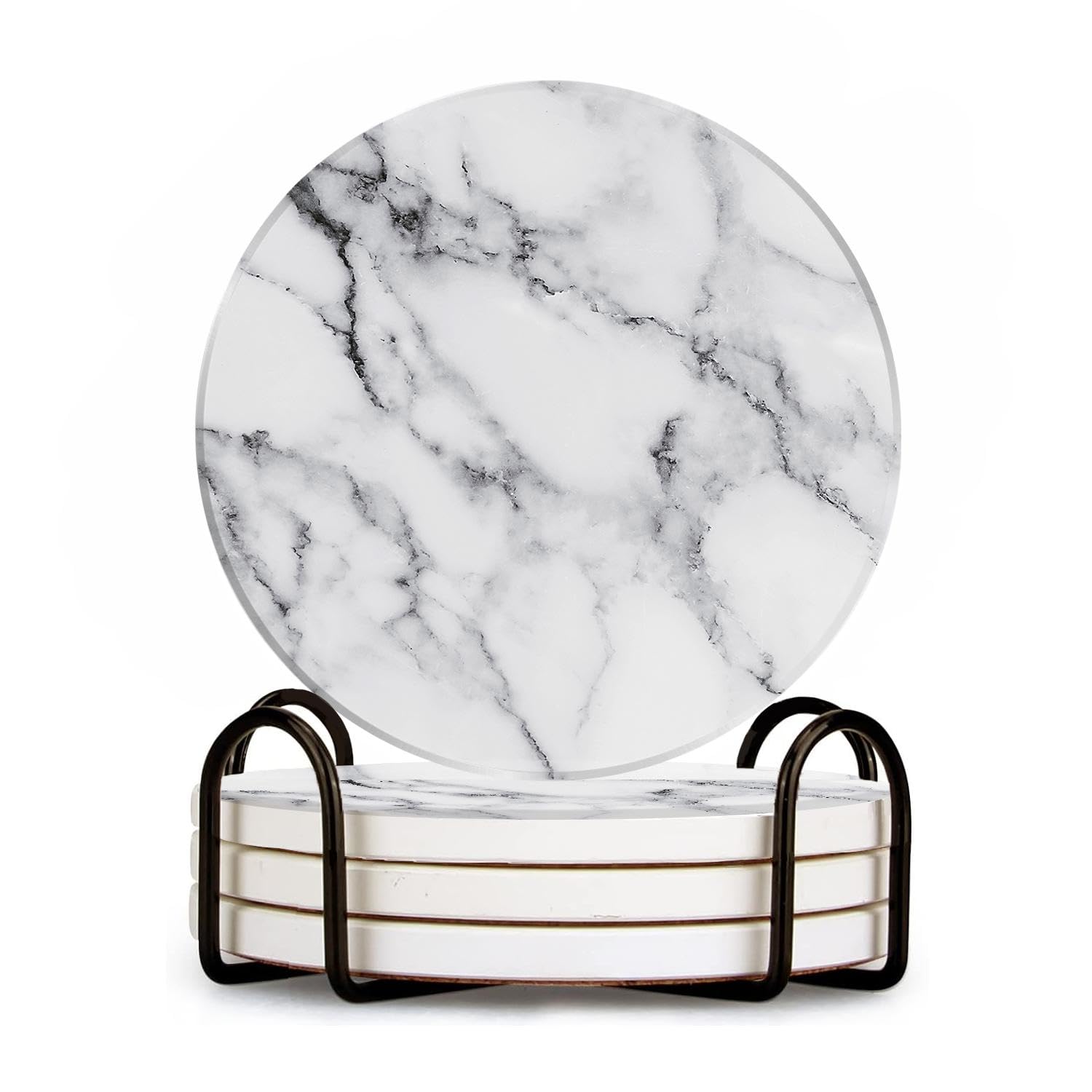 Ceramic Drinking Coasters With Holder Round Water Absorbent White Classic Marble Ceramic Coasters Tabletop Protection (Cork Base),Set of 4,Suitable for Various Mugs and Cups,Home Decor，4 Inch