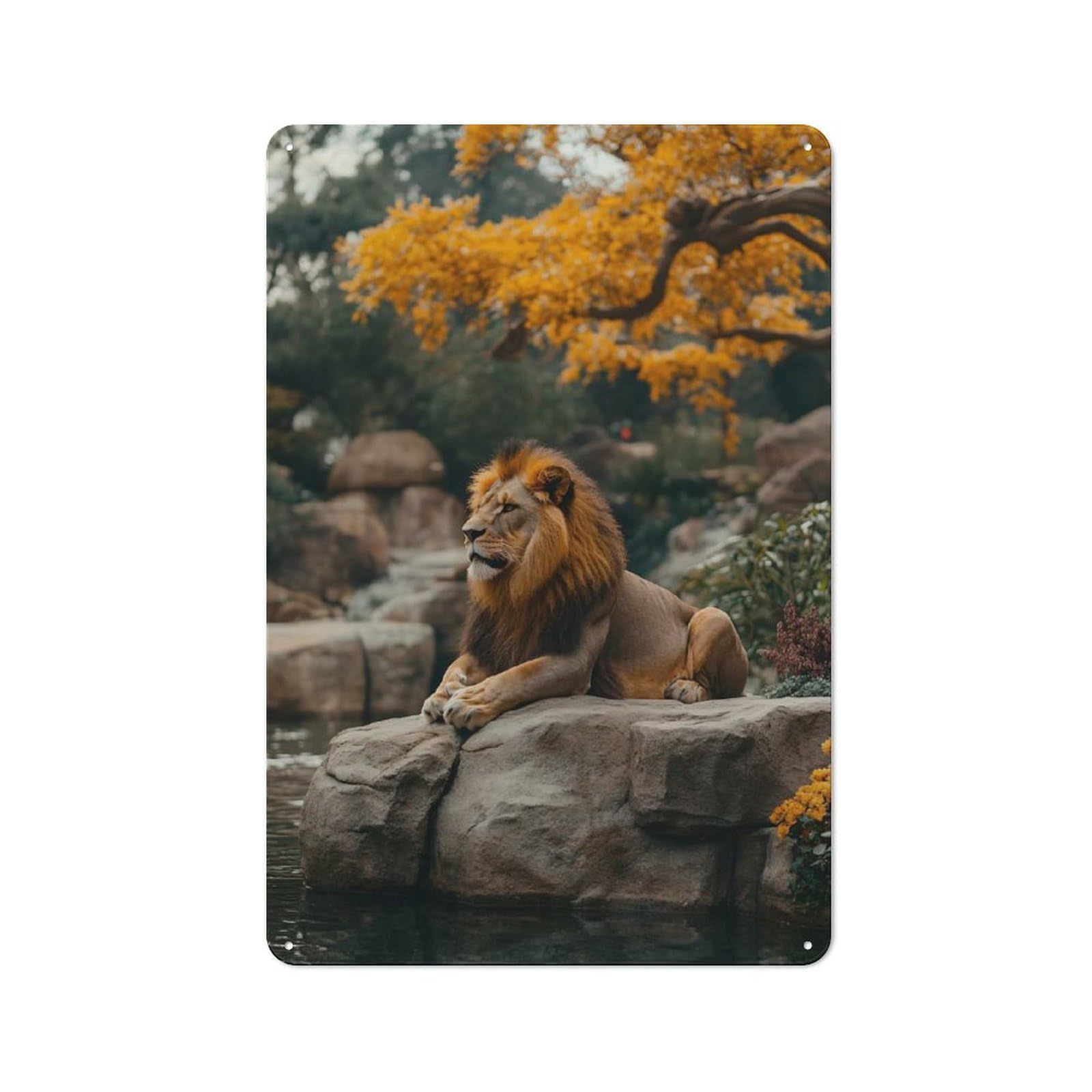 Junmoney Style-3 Tin Wall Plaque 30X20cm With Lion Resting On Rock By Water For Workshop Wall, With Clear Retro Wall Decor Character