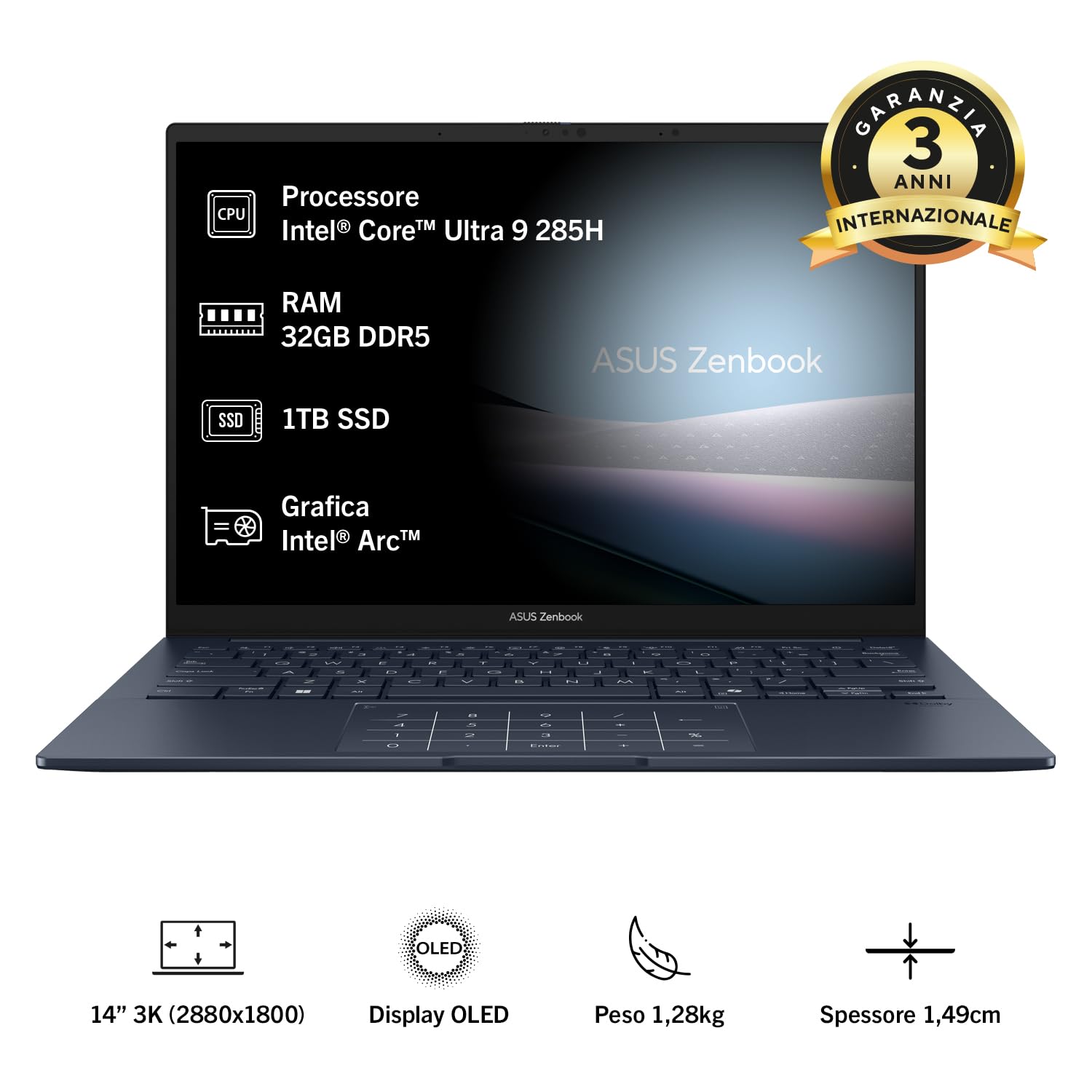 ASUS Zenbook 14 UX3405CA, Notebook con Monitor da 14" OLED, 120Hz,Intel® Core™ Ultra 9 Processor 285H,RAM 32GB, 1TB SSD, WIN11 Home, Blu