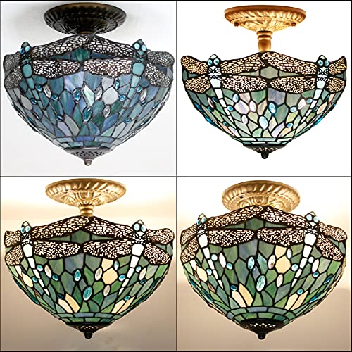 Image of WERFACTORY Tiffany Ceiling Light 12 Inch Stained Glass Fixture Lamp