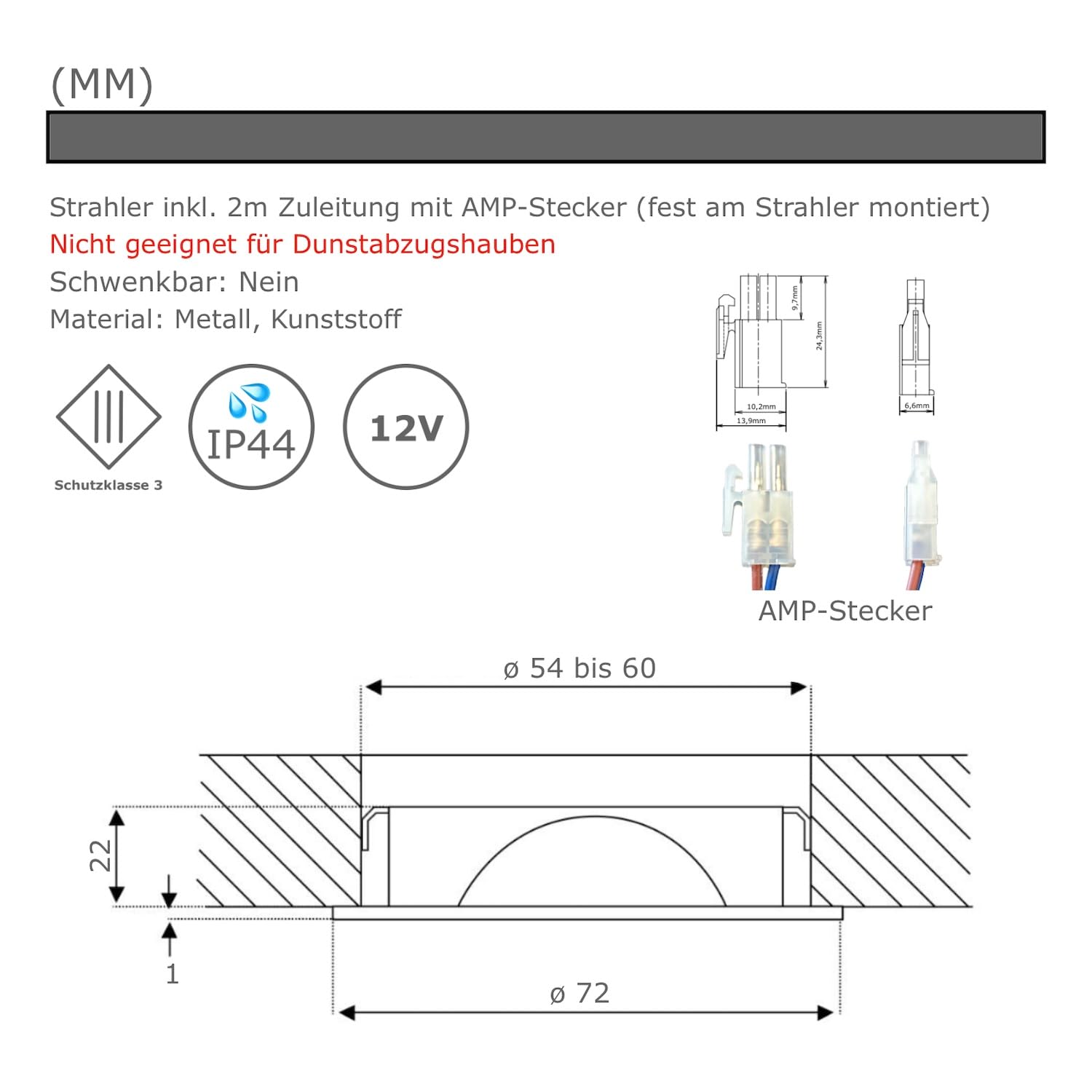 5er Set IP44 LED Möbel-Einbauleuchten 12V flach 2,4W, 200lm, Weiß, inkl. Trafo, 230V Kabel, Netzstecker, AMP Verteiler, Bohrloch 54-60mm, Neutralweiß 4000K – Ideal für Bad, Küche, Wohnzimmer, Schränke