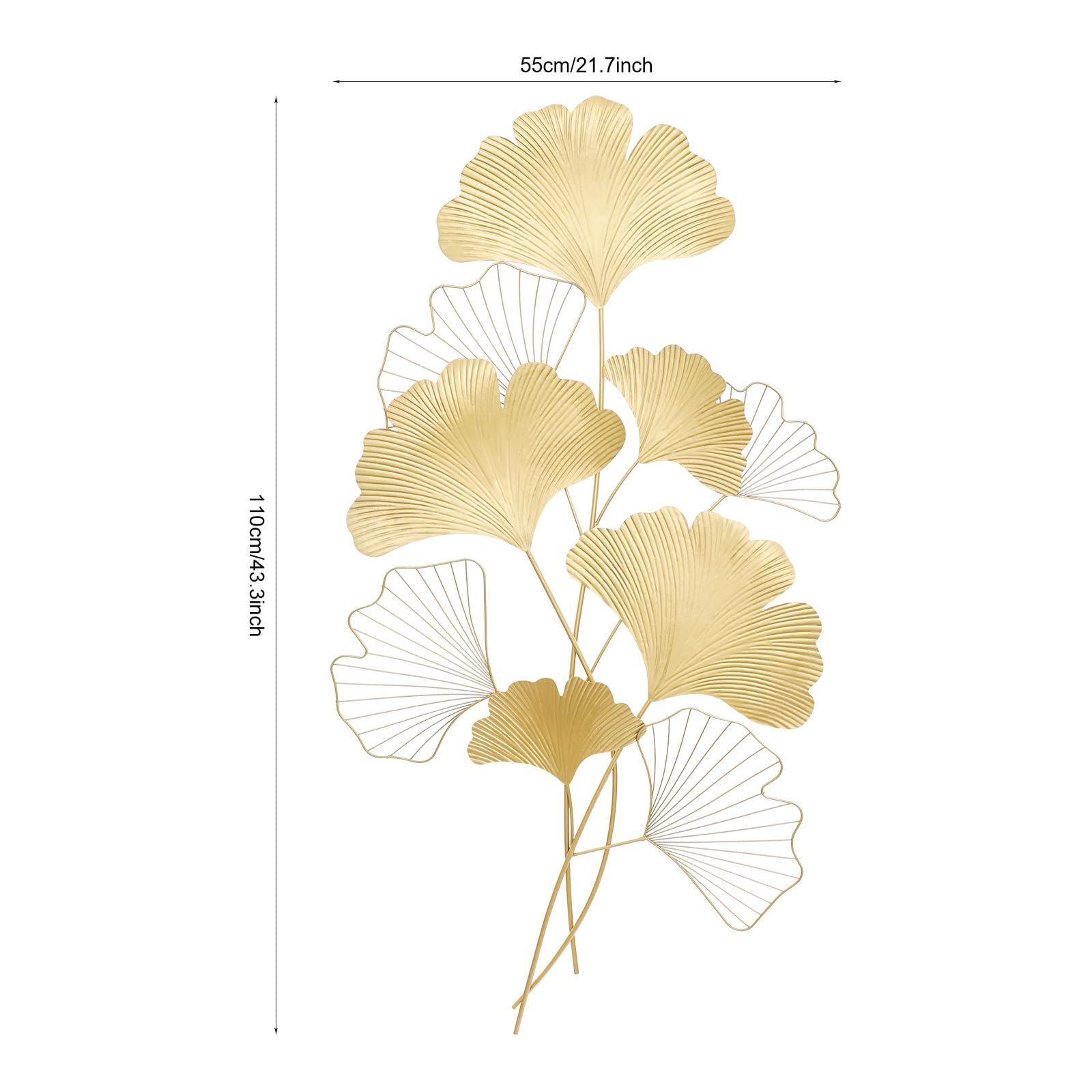 Decorazione da parete in metallo a forma di foglia di ginkgo dorata decorazione 3D per soggiorno, adatta per abitazioni, ville, alberghi, ristoranti e locali commerciali pubblici, dimensioni 109 × 55